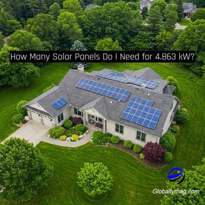 A high-definition aerial drone view of a house with a newly installed solar panel system. The solar array should appear proportionally sized for a 4.863kW system.